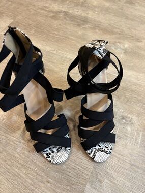Black Strappy Snake-Print Ankle Wrap Heels
